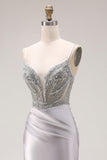 Robe de bal longue de bal scintillante gris clair en satin à perles et perlée