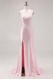 Longue robe de bal de bal avec perles en perles de sirène rose clair