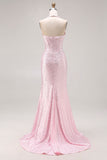 Longue robe de bal de bal avec perles en perles de sirène rose clair