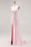 Longue robe de bal de bal avec perles en perles de sirène rose clair