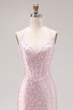 Longue robe de bal de bal avec perles en perles de sirène rose clair
