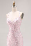Longue robe de bal de bal avec perles en perles de sirène rose clair