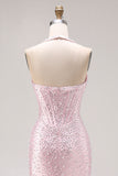 Longue robe de bal de bal avec perles en perles de sirène rose clair
