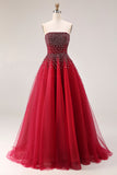 Robe de bal longue en tulle A-Line sans bretelles rouge avec perles