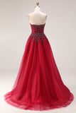 Robe de bal longue en tulle A-Line sans bretelles rouge avec perles