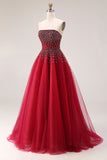 Robe de bal longue en tulle A-Line sans bretelles rouge avec perles