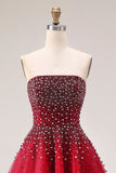 Robe de bal longue en tulle A-Line sans bretelles rouge avec perles