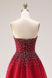 Robe de bal longue en tulle A-Line sans bretelles rouge avec perles