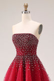 Robe de bal longue en tulle A-Line sans bretelles rouge avec perles