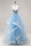 Organza bleu ciel col en V et pliquée et longue robe de bal