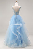 Organza bleu ciel col en V et pliquée et longue robe de bal