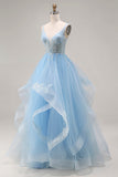 Organza bleu ciel col en V et pliquée et longue robe de bal