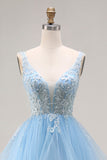 Organza bleu ciel col en V et pliquée et longue robe de bal