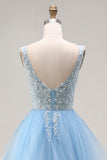 Organza bleu ciel col en V et pliquée et longue robe de bal