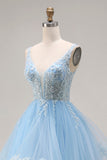 Organza bleu ciel col en V et pliquée et longue robe de bal