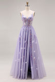 Robe de bal longue de bal à la ligne A-line perlée violet clair en dentelle perlée dans le dos