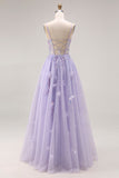 Robe de bal longue de bal à la ligne A-line perlée violet clair en dentelle perlée dans le dos