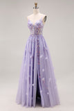 Robe de bal longue de bal à la ligne A-line perlée violet clair en dentelle perlée dans le dos