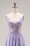 Robe de bal longue de bal à la ligne A-line perlée violet clair en dentelle perlée dans le dos