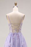 Robe de bal longue de bal à la ligne A-line perlée violet clair en dentelle perlée dans le dos