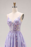 Robe de bal longue de bal à la ligne A-line perlée violet clair en dentelle perlée dans le dos