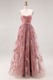 Robe de bal longue, bretelles brodées en A, Dusty Rose, avec une fente