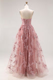 Robe de bal longue, bretelles brodées en A, Dusty Rose, avec une fente