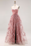 Robe de bal longue, bretelles brodées en A, Dusty Rose, avec une fente