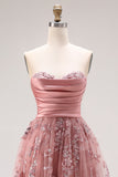 Robe de bal longue, bretelles brodées en A, Dusty Rose, avec une fente