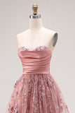 Robe de bal longue, bretelles brodées en A, Dusty Rose, avec une fente