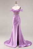 Robe de bal de bal sirène violette dénudée sur les épaules, corset appliqué et fête