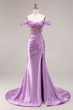 Robe de bal de bal sirène violette dénudée sur les épaules, corset appliqué et fête