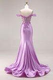 Robe de bal de bal sirène violette dénudée sur les épaules, corset appliqué et fête