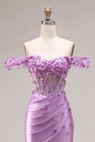 Robe de bal de bal sirène violette dénudée sur les épaules, corset appliqué et fête