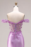 Robe de bal de bal sirène violette dénudée sur les épaules, corset appliqué et fête