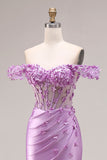 Robe de bal de bal sirène violette dénudée sur les épaules, corset appliqué et fête