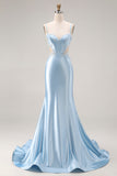 Robe de bal longue en satin découpée en sirène bleu ciel avec perles