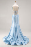 Robe de bal longue en satin découpée en sirène bleu ciel avec perles