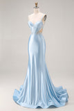 Robe de bal longue en satin découpée en sirène bleu ciel avec perles