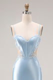 Robe de bal longue en satin découpée en sirène bleu ciel avec perles