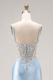 Robe de bal longue en satin découpée en sirène bleu ciel avec perles