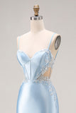 Robe de bal longue en satin découpée en sirène bleu ciel avec perles