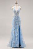 Corset de fin d’année en sirène perlée bleu ciel en appliqué longue robe de bal avec fente