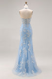Corset de fin d’année en sirène perlée bleu ciel en appliqué longue robe de bal avec fente