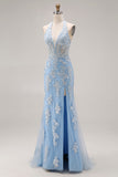 Corset de fin d’année en sirène perlée bleu ciel en appliqué longue robe de bal avec fente