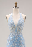 Corset de fin d’année en sirène perlée bleu ciel en appliqué longue robe de bal avec fente