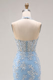 Corset de fin d’année en sirène perlée bleu ciel en appliqué longue robe de bal avec fente