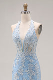 Corset de fin d’année en sirène perlée bleu ciel en appliqué longue robe de bal avec fente