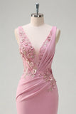Robe de bal longue en taro sirène, col en V et fleurs 3D appliquées