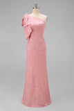 Robe longue de demoiselle d’honneur rose rose rose à fleurs, une épaule, avec un nœud d’honneur